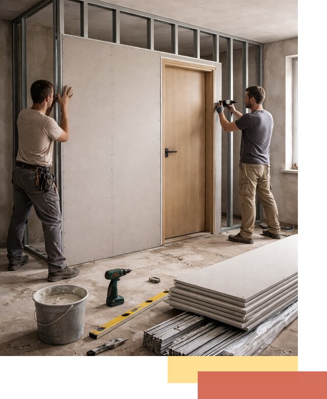 Перегородка из гипсокартона с дверью под ключ в Спасске-Дальнем